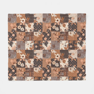 Brown Quilt Patchwork Gingham Cottagecore Floral Fleece Blanket