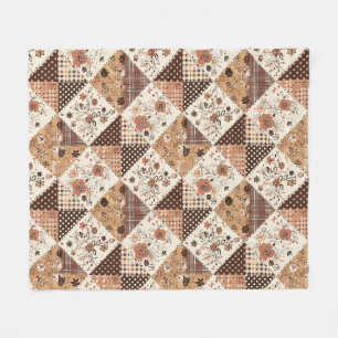 Brown Quilt Patchwork Gingham Cottagecore Floral Fleece Blanket