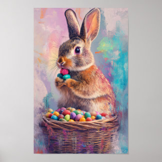 Brown rabbit eating Easter candy eggs vertical Poster
