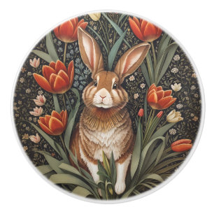 Brown Rabbit Red Tulips William Morris Inspired Ceramic Knob