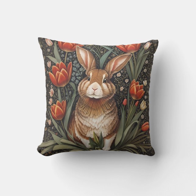 Brown Rabbit Red Tulips William Morris Inspired Cushion (Front)