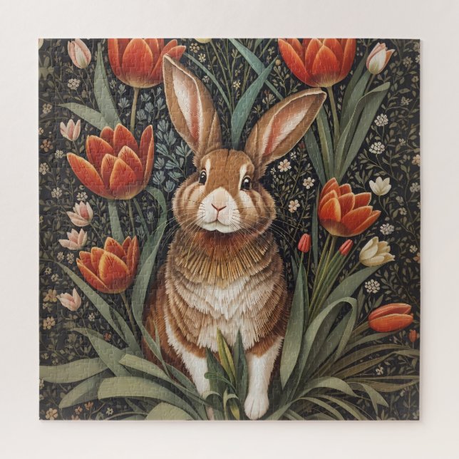 Brown Rabbit Red Tulips William Morris Inspired Jigsaw Puzzle (Vertical)