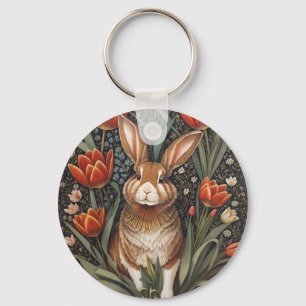 Brown Rabbit Red Tulips William Morris Inspired Key Ring