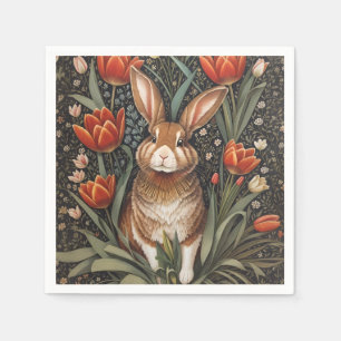 Brown Rabbit Red Tulips William Morris Inspired Napkin