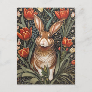 Brown Rabbit Red Tulips William Morris Inspired Postcard