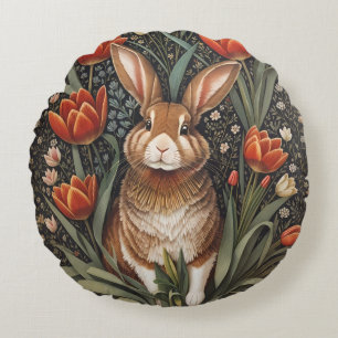 Brown Rabbit Red Tulips William Morris Inspired Round Cushion
