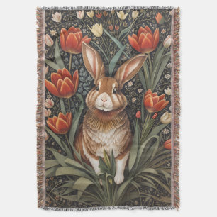 Brown Rabbit Red Tulips William Morris Inspired Throw Blanket