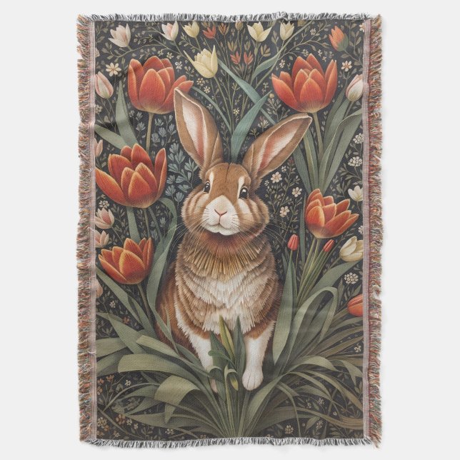 Brown Rabbit Red Tulips William Morris Inspired Throw Blanket (Front Vertical)