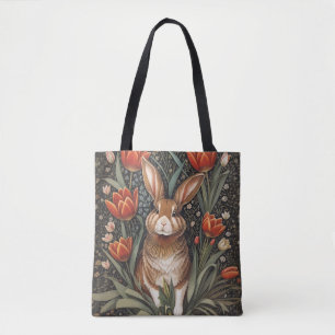 Brown Rabbit Red Tulips William Morris Inspired Tote Bag