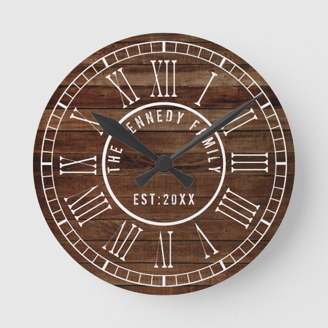 Brown Reclaimed Wood White Roman Numeral  Family Round Clock (Front)