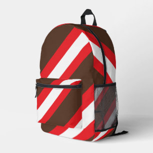 Brown, red and white skew stripes printed backpack