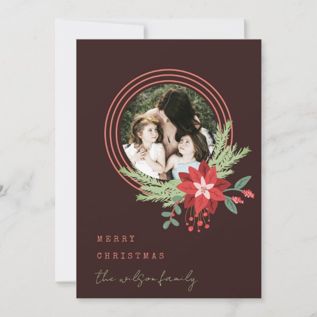 Brown Red Circle Photo Poinsettia Merry Christmas Holiday Card (Front)