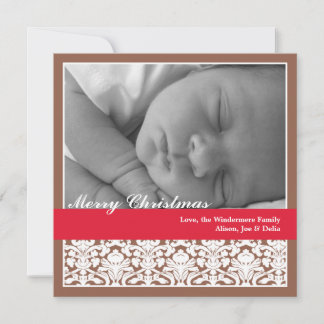Brown red elegant damask merry Christmas holiday Card
