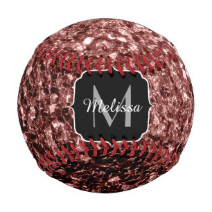 Brown red faux glitter sparkle Monogram name Baseball