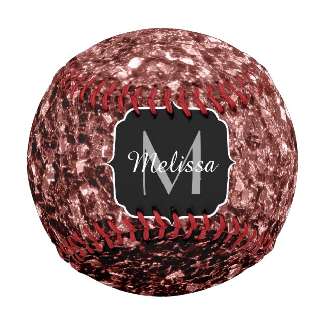 Brown red faux glitter sparkle Monogram name Baseball (Front)