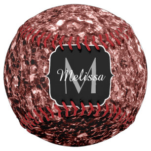 Brown red faux glitter sparkle Monogram name Softball