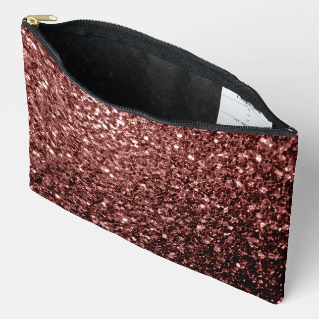Brown red faux glitter sparkles accessory pouch (Open)