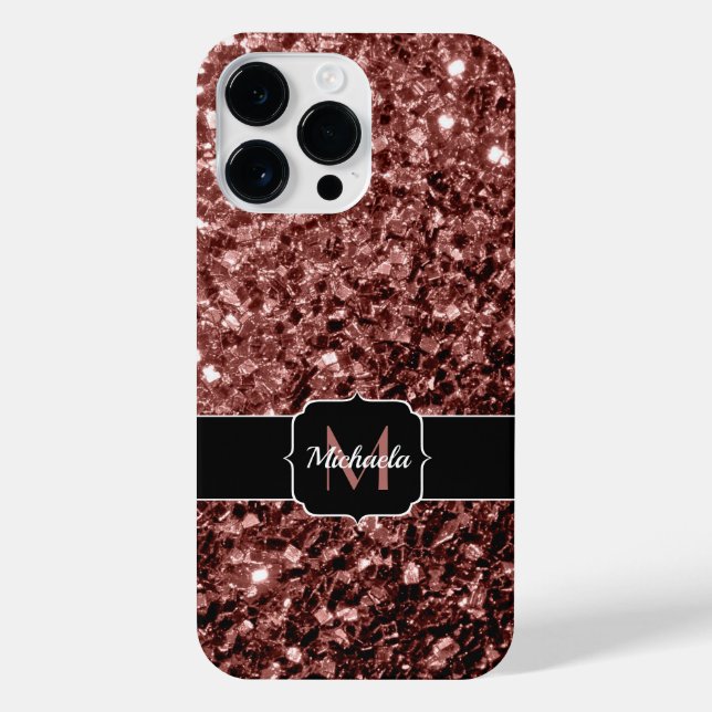 Brown Red faux Glitter sparkles bling Monogram iPhone Case (Back)