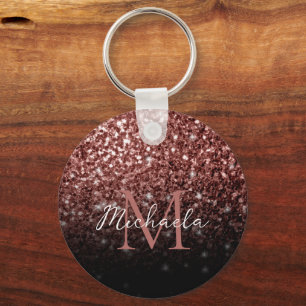 Brown Red faux Glitter sparkles bling Monogram Key Ring