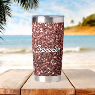 Brown red faux glitter sparkles Custom name Insulated Tumbler