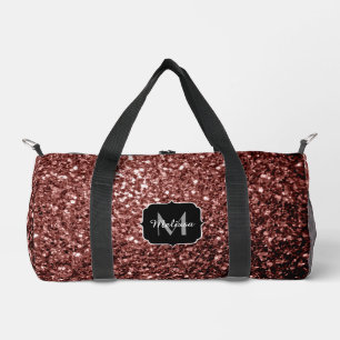 Brown red faux glitter sparkles Monogram Duffle Bag