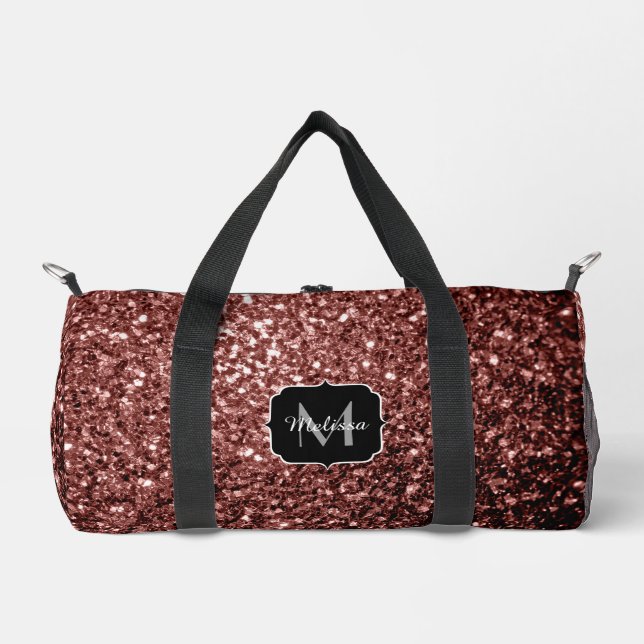 Brown red faux glitter sparkles Monogram Duffle Bag (Front)