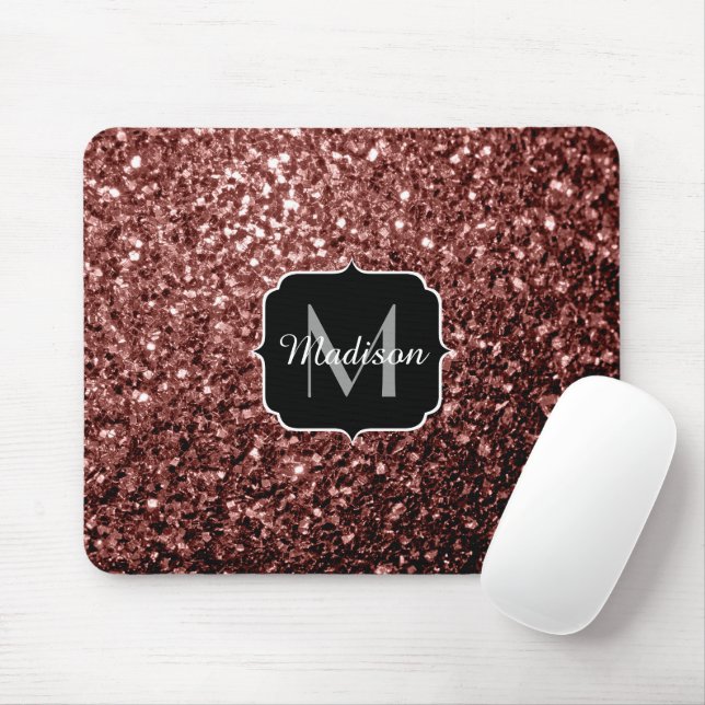 Brown Red faux Glitter sparkles Monogram Mouse Mat (With Mouse)