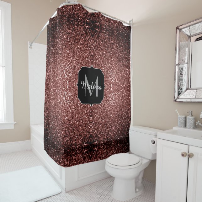 Brown Red faux Glitter sparkles Monogram Shower Curtain (In Situ)