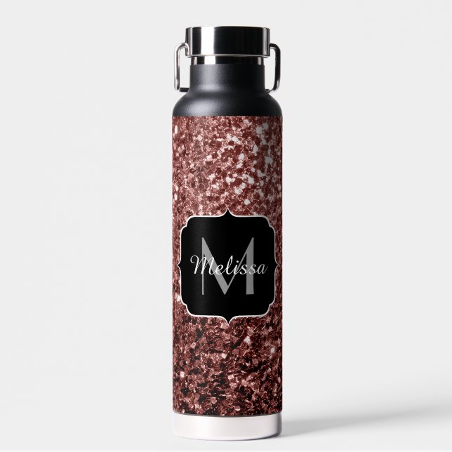 Brown Red faux Glitter sparkles Monogram Water Bottle (Front)