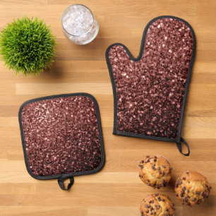 Brown red faux glitter sparkles oven mitt & pot holder set