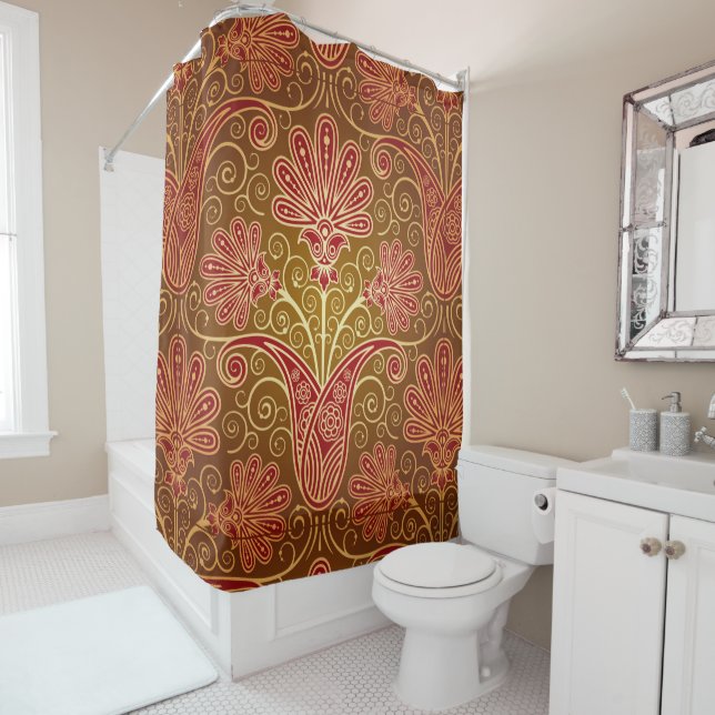 Brown & Red Floral Pattern Shower Curtain (In Situ)