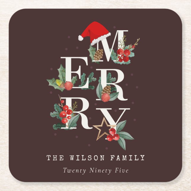 Brown Red Green White Merry Christmas Foliage Square Paper Coaster (Front)