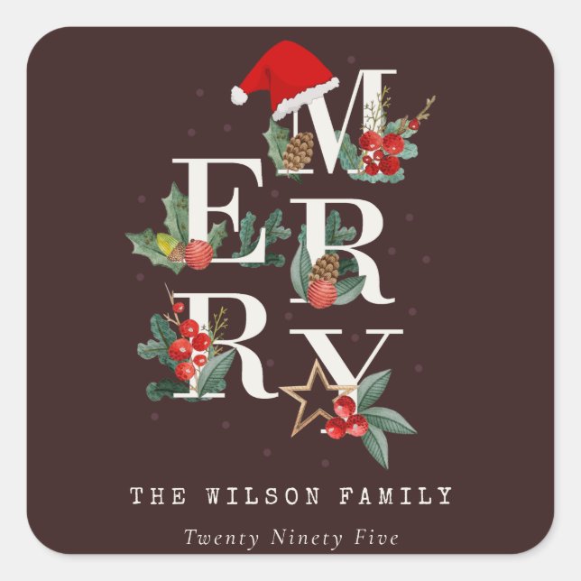 Brown Red Green White Merry Christmas Foliage Square Sticker (Front)