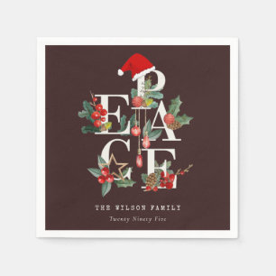 Brown Red Green White Peace Christmas Foliage Napkin