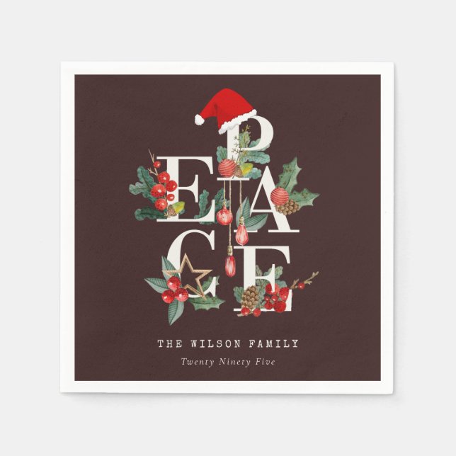 Brown Red Green White Peace Christmas Foliage Napkin (Front)