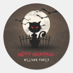 Brown & Red Happy Hunting Scary Cat Classic Round Sticker