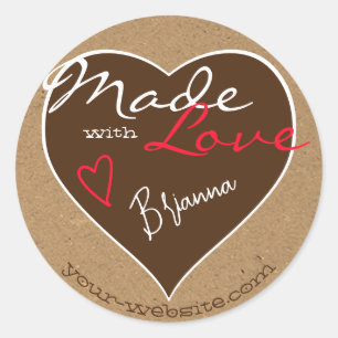 Brown Red Kraft Paper Made with Love Heart Shape Classic Round Sticker