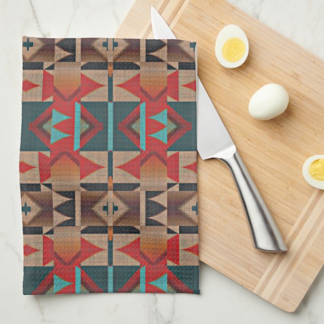 Brown Red Orange Teal Blue Tribal Art Pattern Tea Towel (Quarter Fold)
