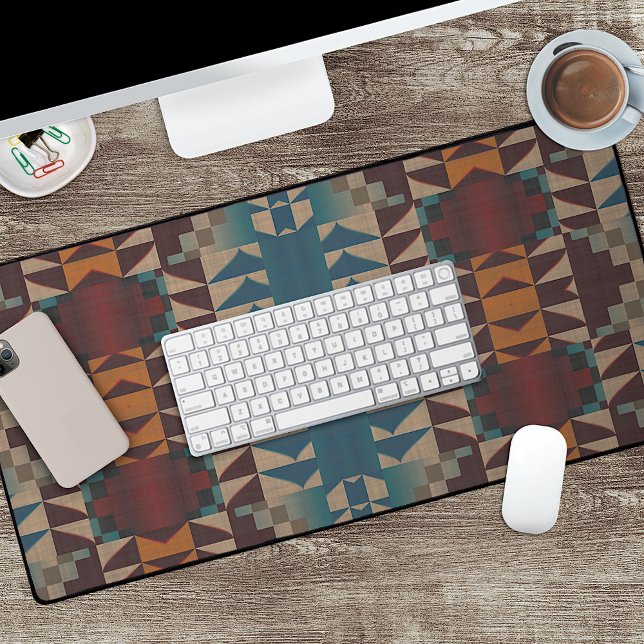 Brown Red Rust Orange Teal Blue Tribal Art Pattern Desk Mat (Creator Uploaded)