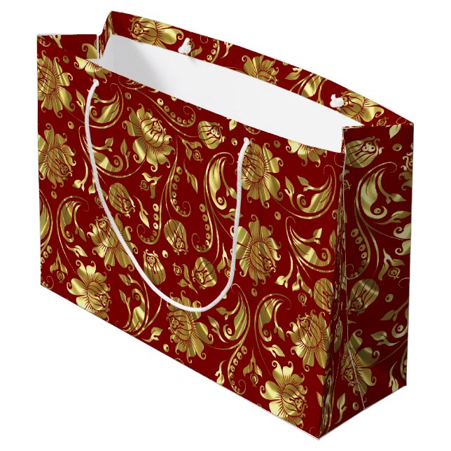 Brown-red & Shiny Gold Damask Pattern Large Gift Bag (Back Angled)