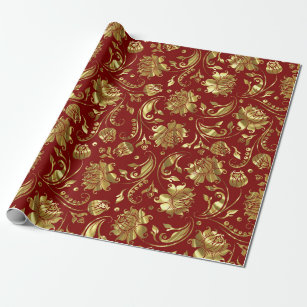 Brown-red & Shiny Gold Damask Pattern Wrapping Paper