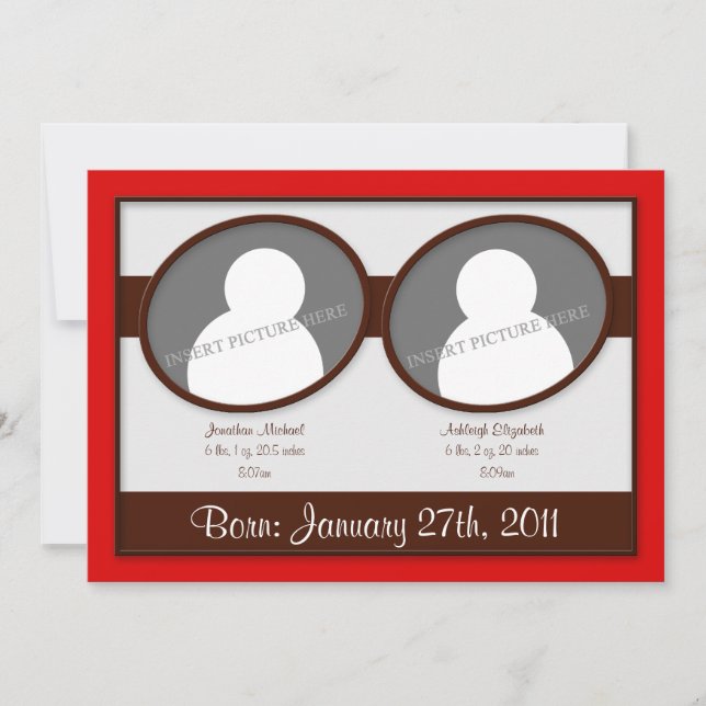 Brown Red Twins Birth Announcements (Front)