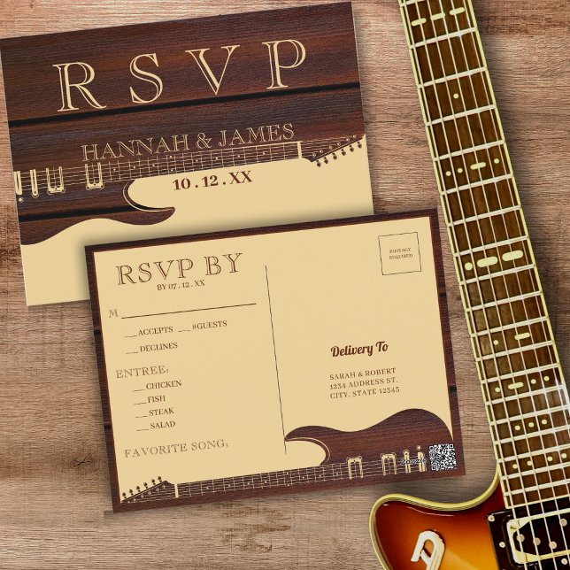 Brown & Red Wood Guitar Wedding RSVP Postcard (Brown & Red Wood Guitar Wedding RSVP Postcard)