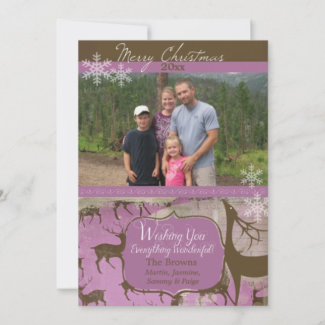 Brown Reindeer on Lavender Photo Holiday Card (Front)