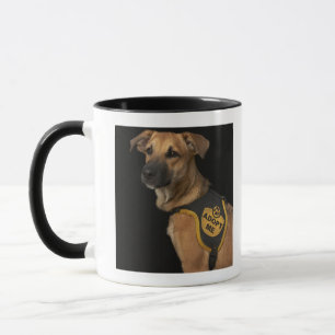Brown rescue dog with adopt me vest mug