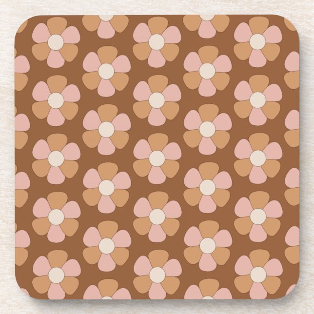 Brown Retro 70s Neutral Flowers  Coaster (Front)