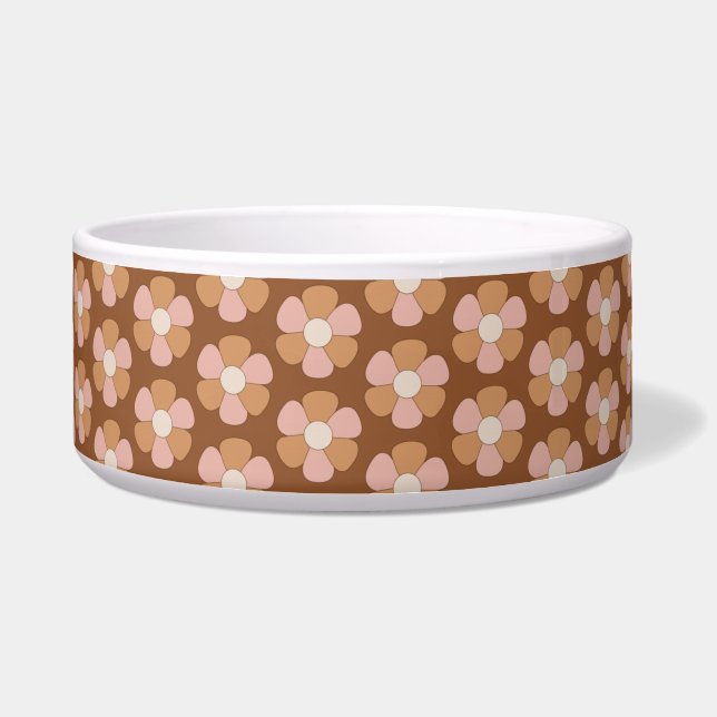 Brown Retro 70s Neutral Flowers Pet Bowl (Front)