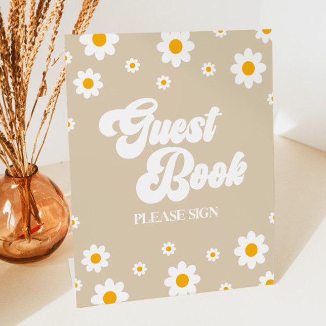 Brown Retro Daisy Flower Guest Book Party Sign (Creator Uploaded)