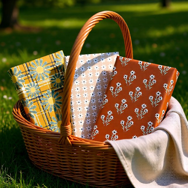 Brown Retro Daisy Flowers set of 3  Wrapping Paper Sheet (Retro Daisy Floral Brown Vintage Aesthetic Gift Wrapping Paper Sheets)