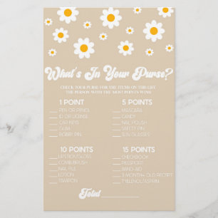 Brown Retro Daisy What's In Purse Baby Shower Game Stationery